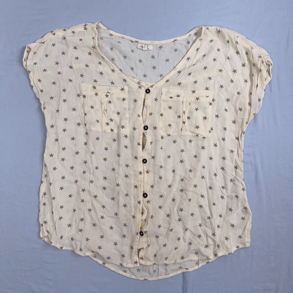 Maurices Cream Star Print‎ Button Front Short Sleeve Blouse Women's Size S